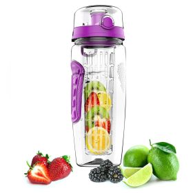 Fruit Infuser Water Bottle 32OZ Juice Shaker Sport w/ Flip Top Lid Anti-Slip Grips For Office Home Sport Running Walking Hiking - Purple