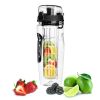 Fruit Infuser Water Bottle 32OZ Juice Shaker Sport w/ Flip Top Lid Anti-Slip Grips   - Black